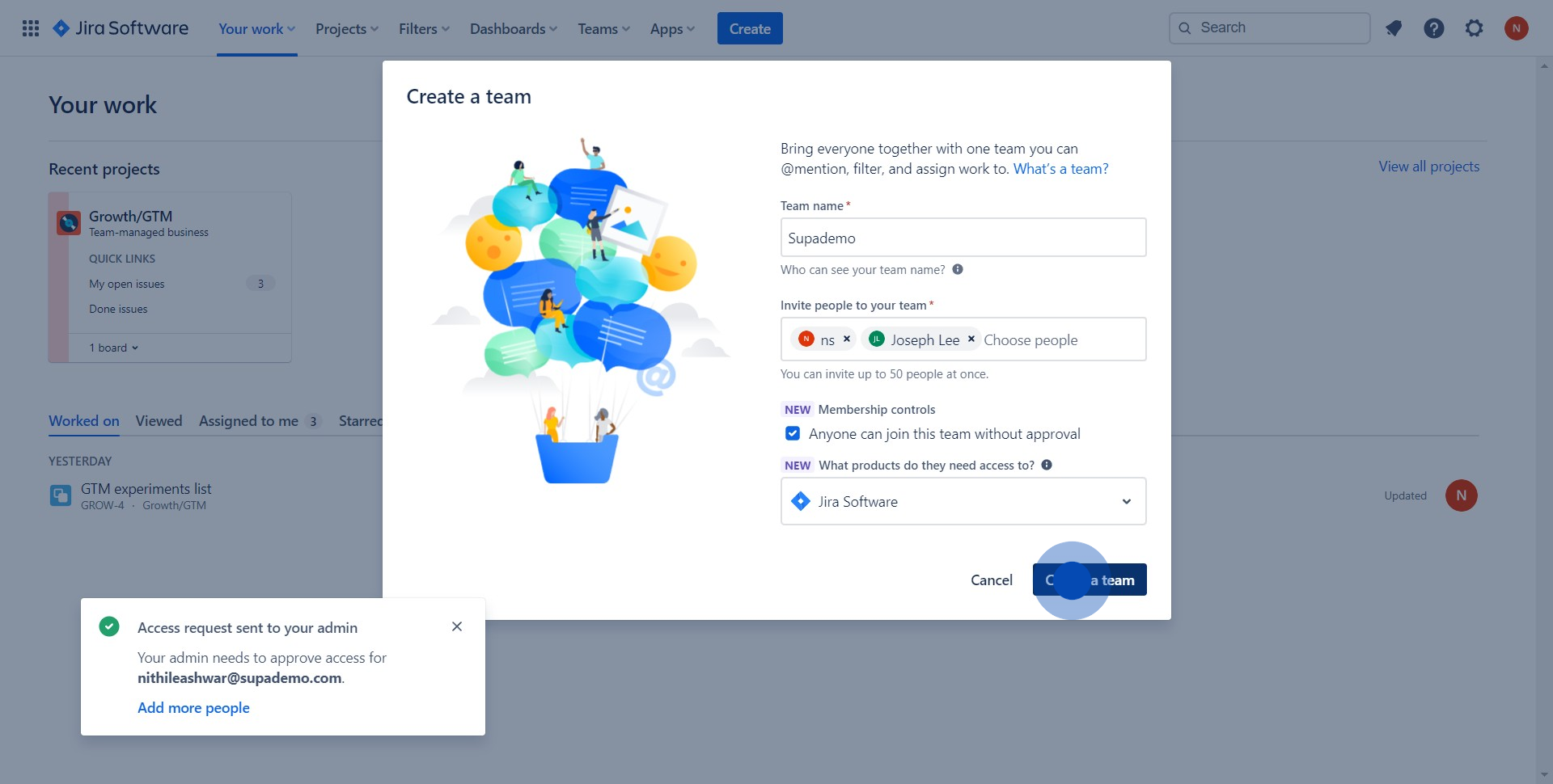4 Click on "Create a team"