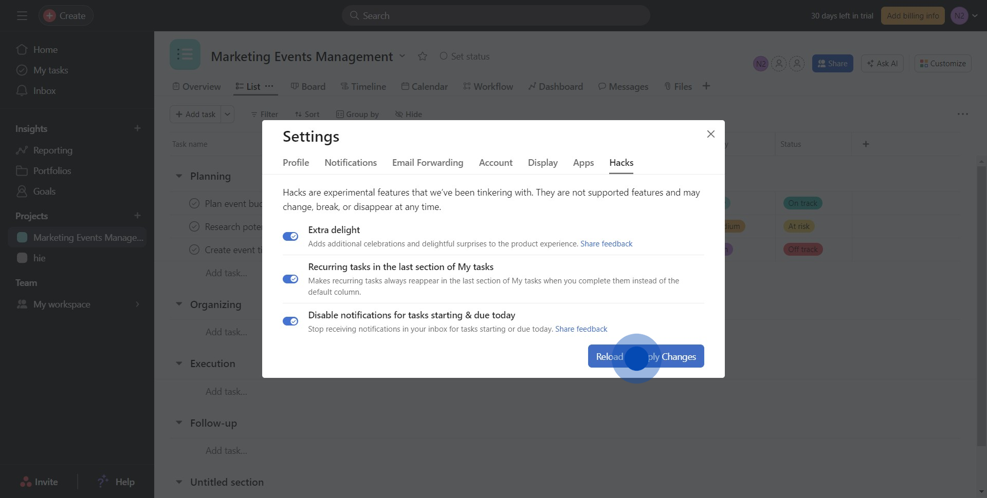 5 Click on "Reload to Apply Changes"