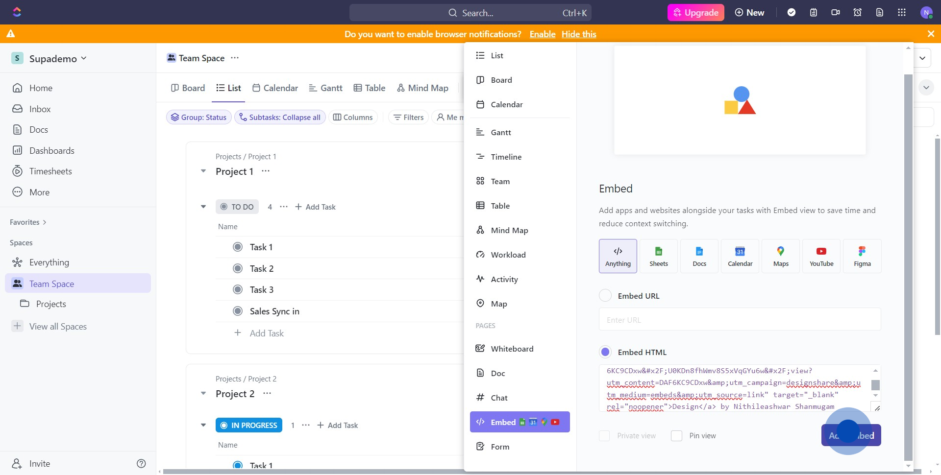 9 Click on "Add Embed"