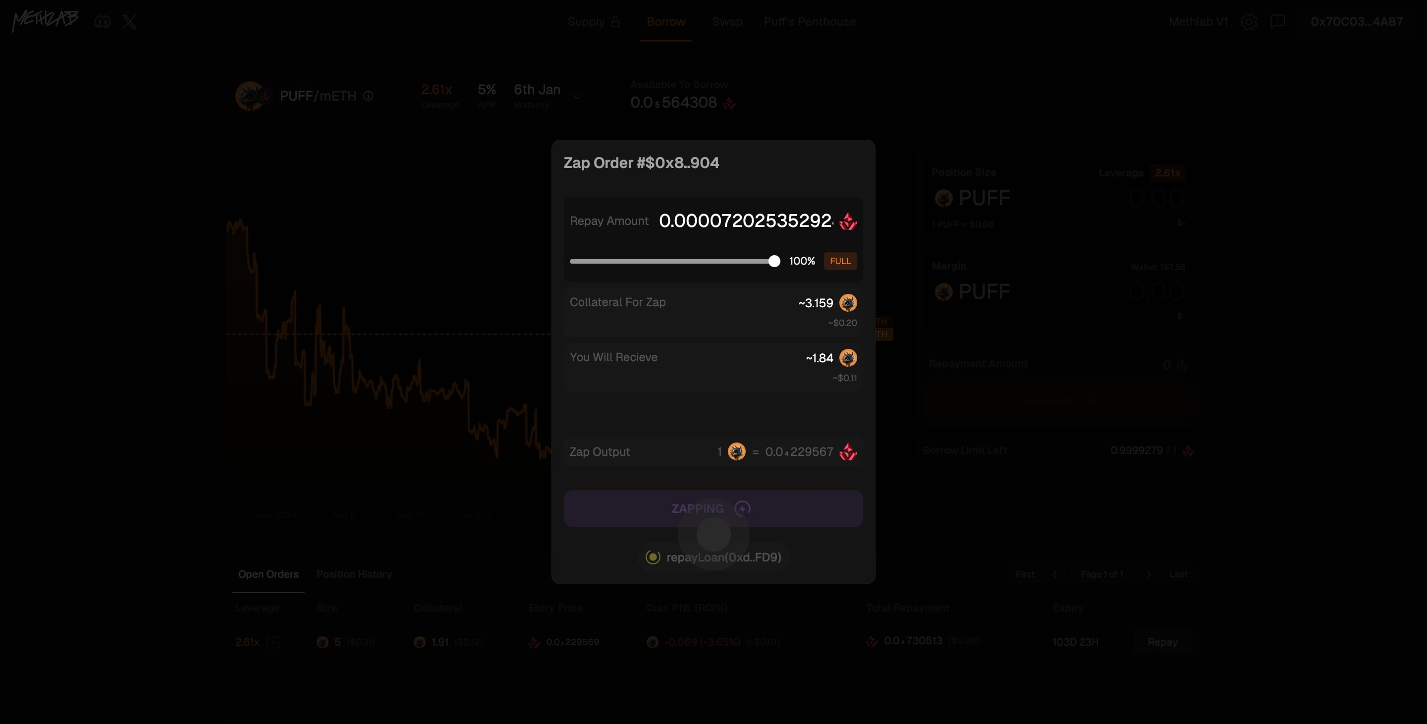 6 Click on "Zap Order #$0x8..904".