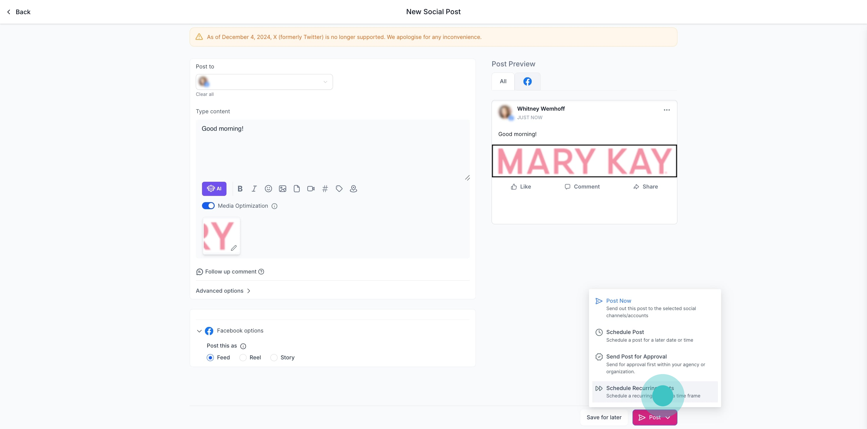 8 Click on "Schedule a recurring post for a time frame".